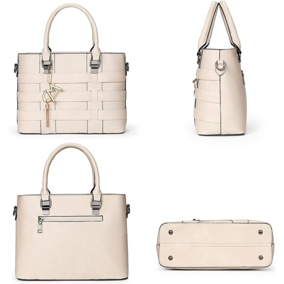 PU Leather Weave Beige Shoulder Bag for Women Elegant Top Handle Designer Purse - Picture 2 of 7